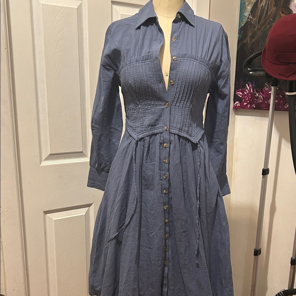 Pilcro Long Sleeve Button-Front Midi Dress in Dusty Blue